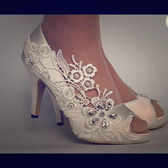 Shoes | 3 Satin White Ivory Lace Open Toe Wedding Shoes | Poshmark